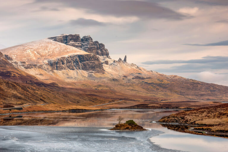 View of the old man of Storr over Loch Fada, Isle of Skye