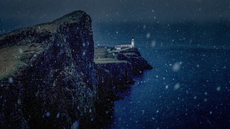 Photo of Neist Point in snow, Isle of Skye